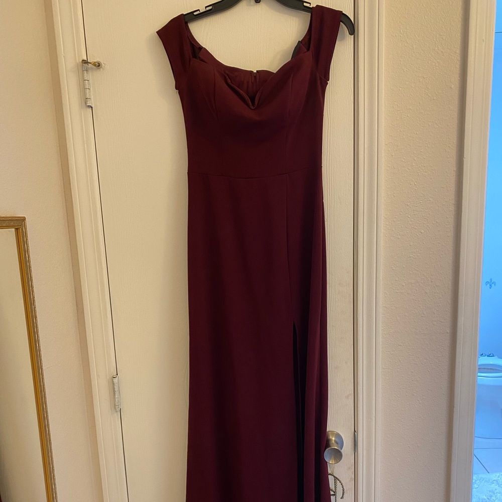Burgundy off the shoulder dress w/slit